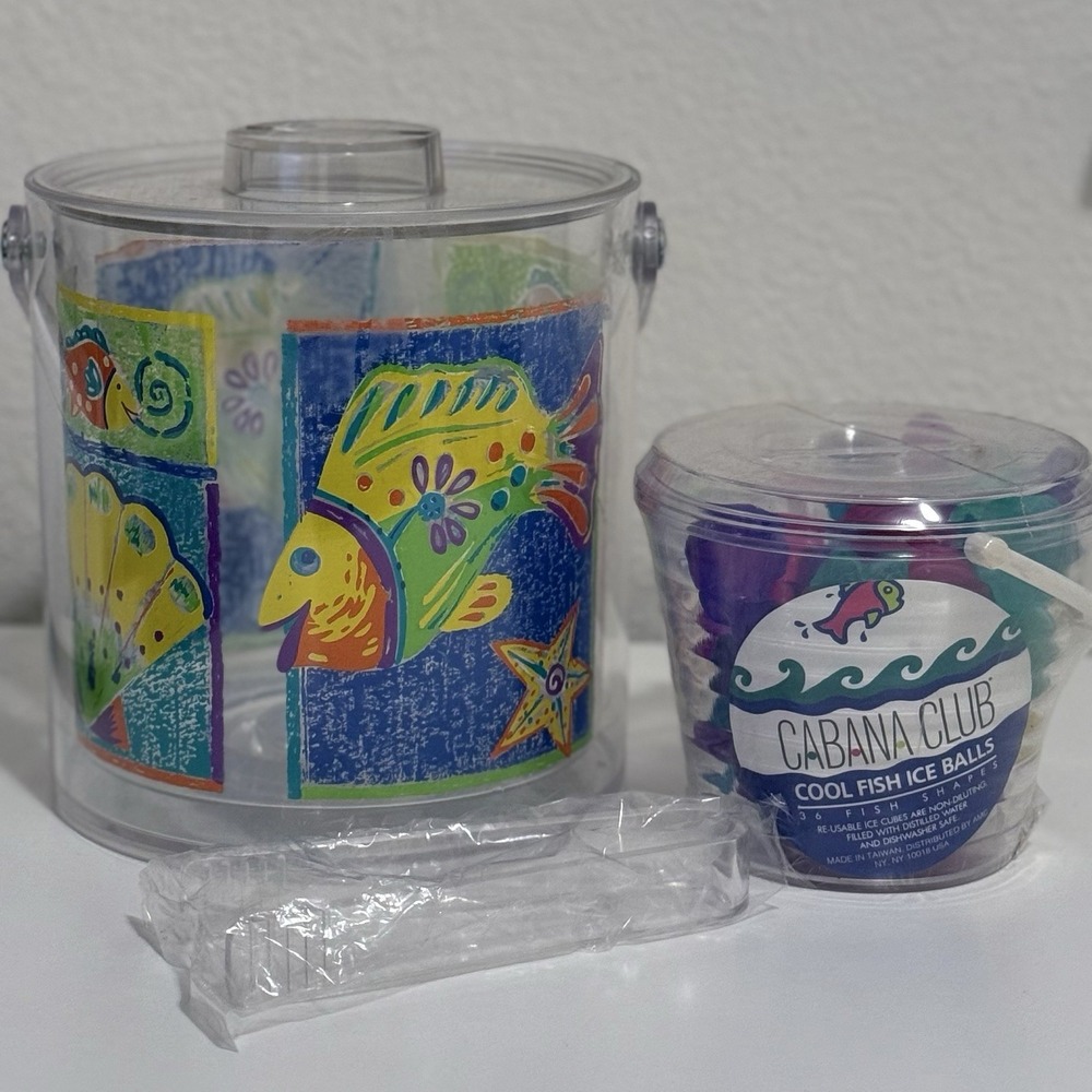 Vintage Fish 80s 90s Acrylic Ice Bucket Tongs & BONUS Cool Fish Ice Balls Sealed